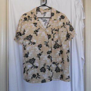 White Stag XL Floral Tan Black White Cotton Button Shirt Short Sleeve Top Blouse